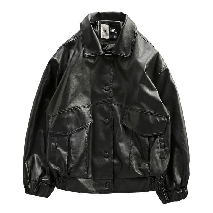 Men's Oversized Faux Leather Utility Jacket with Flap Pockets and Elastic Hem Mune Fashion