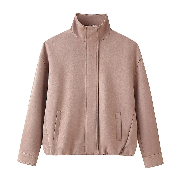 Women's Short Boxy Jacket with Funnel Collar and Concealed Front Mune Fashion