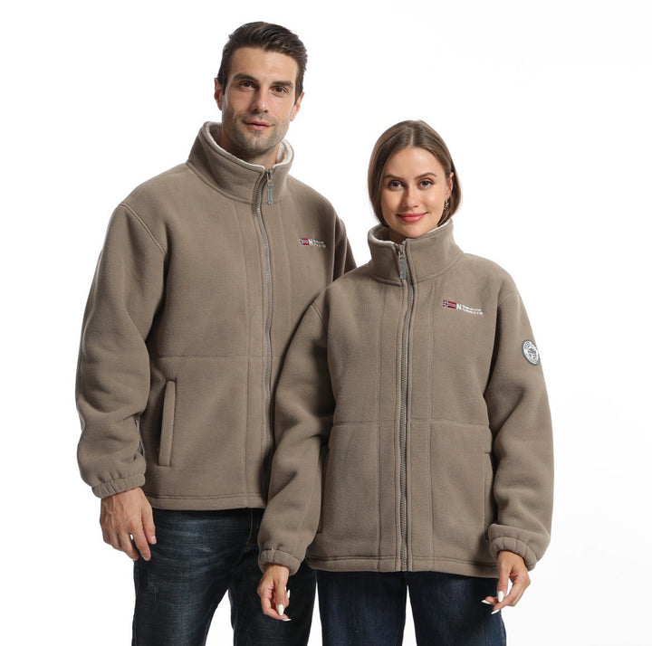 Men's fleece jacket with stand-up collar, full-length zipper, two side pockets, and elastic cuffs.