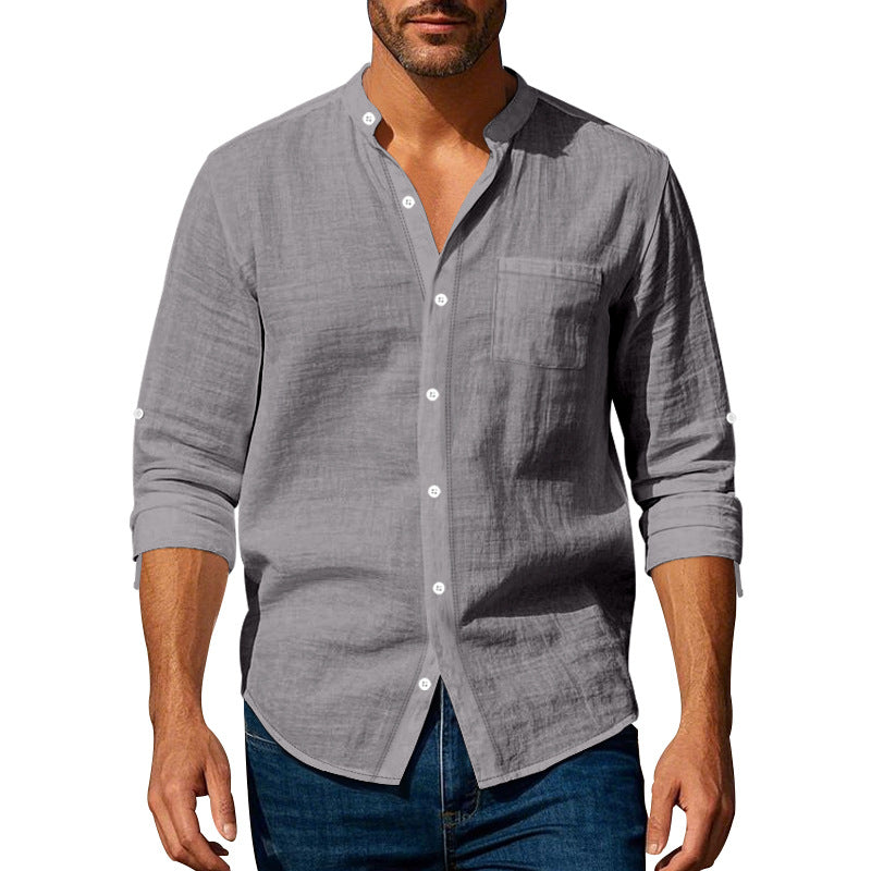 Men's linen-cotton shirt with stand-up collar, roll-up sleeves, and chest pocket Mune Fashion