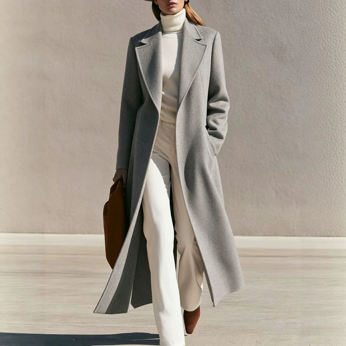 Women Longline Wool Coat with Wide Lapels and Tailored Fit Mune Fashion