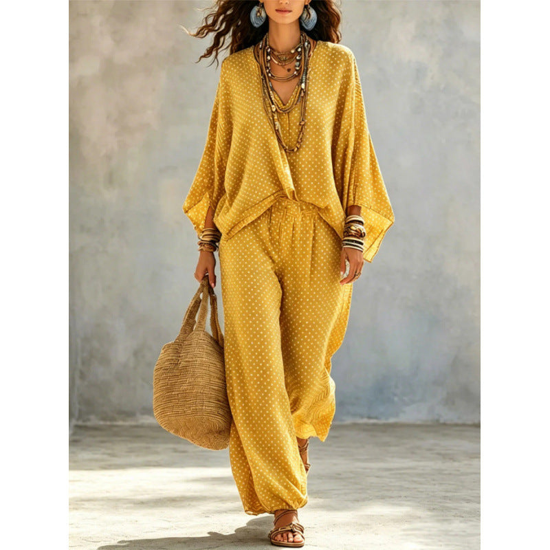 Ladies Boho Lounge Set with wide V-neck, batwing sleeves and elastic waistband palazzo pants Drune