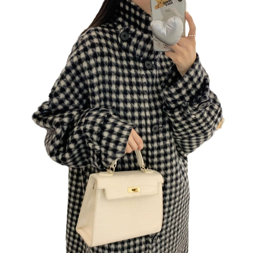 Women's Houndstooth Oversize Wool Blend Coat with Wide Cut and Button Closure Mune Fashion