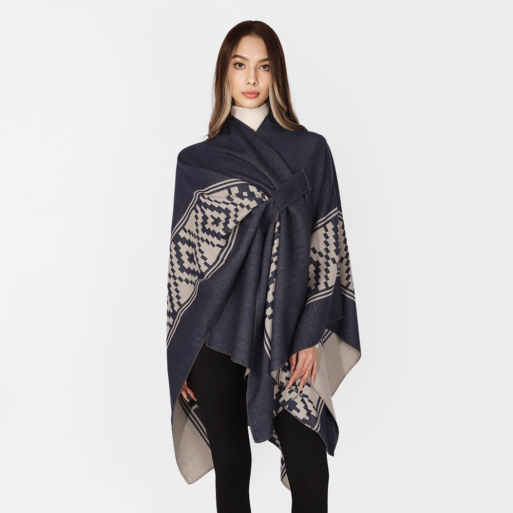 Women's Jacquard Ruana with TIE BELT and geometric pattern Mune Fashion