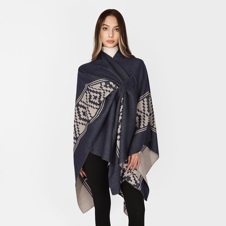 Women's Jacquard Ruana with TIE BELT and geometric pattern Mune Fashion