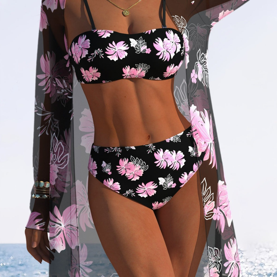 Women's bikini set with floral design and transparent beach jacket Mune Fashion