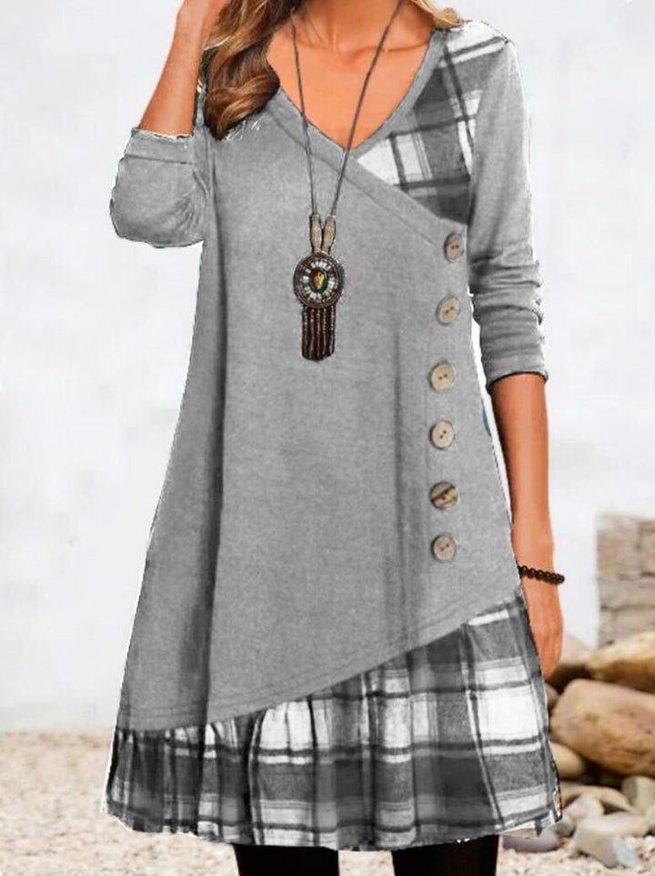 Women's asymmetrical V-neck tunic dress with decorative button placket and animal print trim Mune Fashion