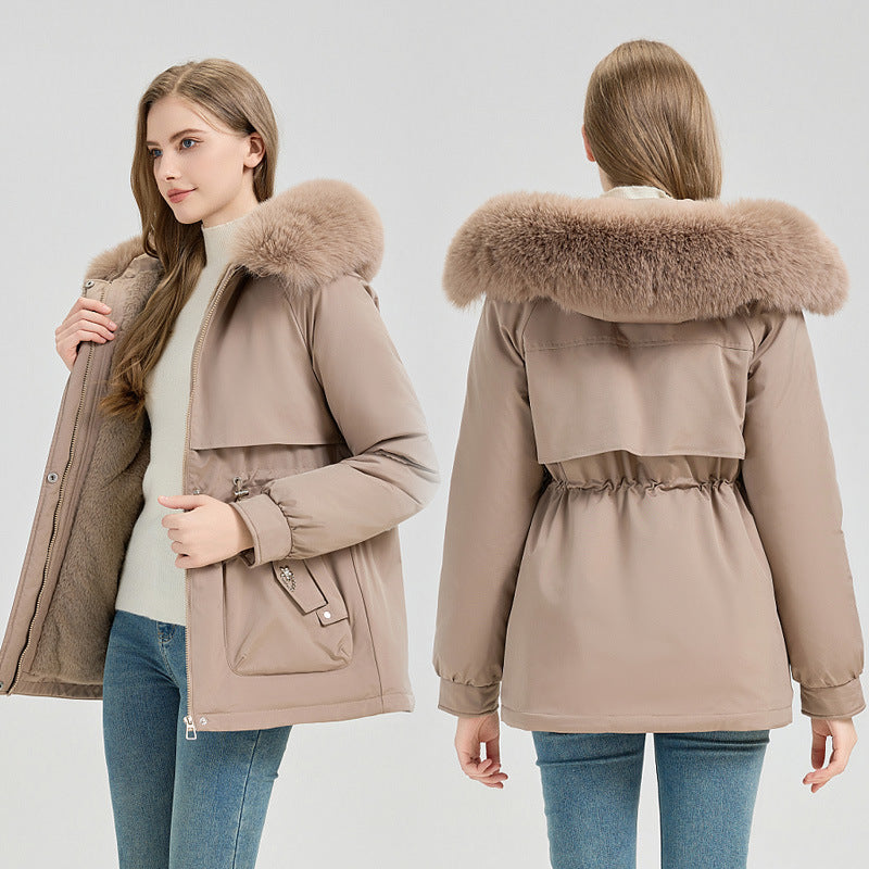 Women's nan sporty-urban short coat with voluminous faux fur hood, adjustable drawstring waist, and concealed zip pockets Mune Fashion