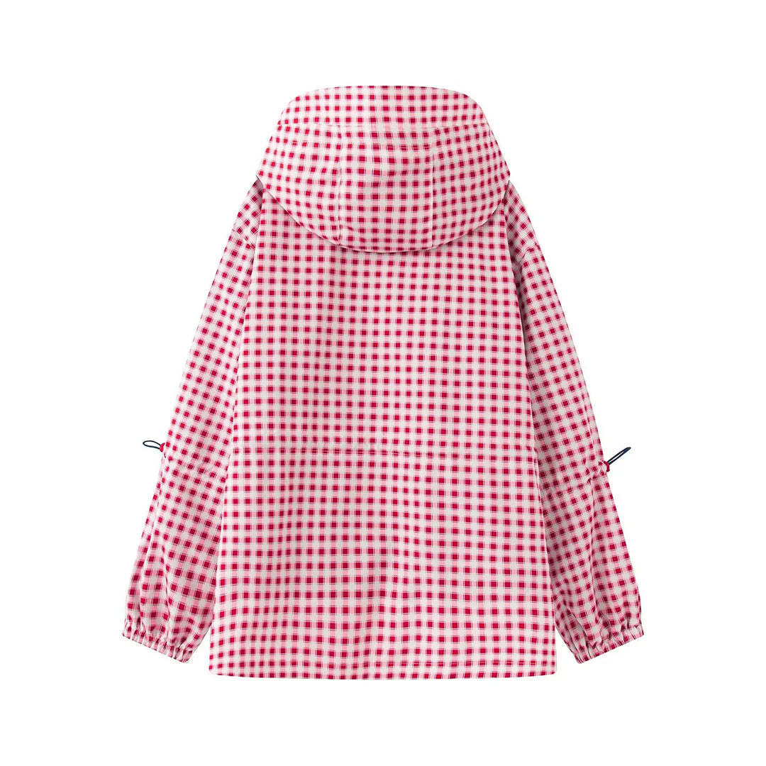 Ladies checkered rain parka with hood, drawstring waist and diagonal zippered pockets Mune Fashion