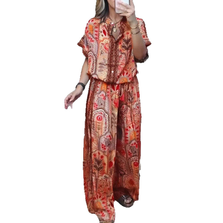 Women's Boho two-piece made of lightweight viscose with short-sleeve blouse, button placket, drawstring waistband, and wide palazzo pants Mune Fashion