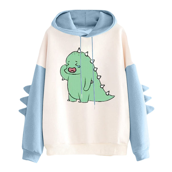 Women's hoodie with cute dino print, contrast hood, and decorative fabric spikes Mune Fashion