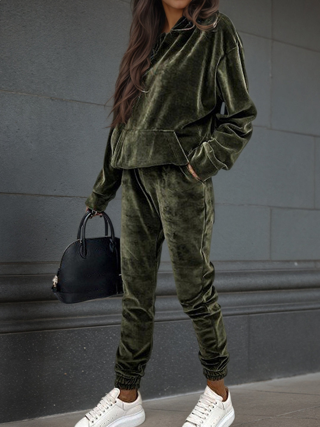 Women's Velvet Tracksuit with Hooded Hoodie, Kangaroo Pocket and Elastic Cuff Pants Mune Fashion