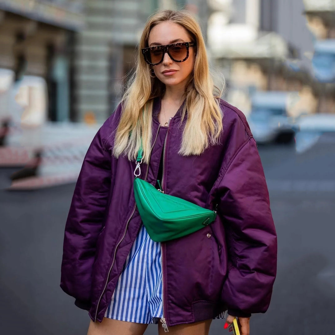 Women Padded Oversize Flight Bomber Jacket with Concealed Zipper and Angled Flap Pockets Mune Fashion