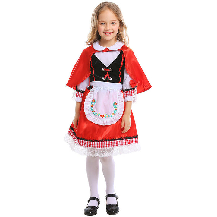 Girls Fairytale Little Red Riding Hood Costume with Cape and Embroidered Apron Mune Fashion