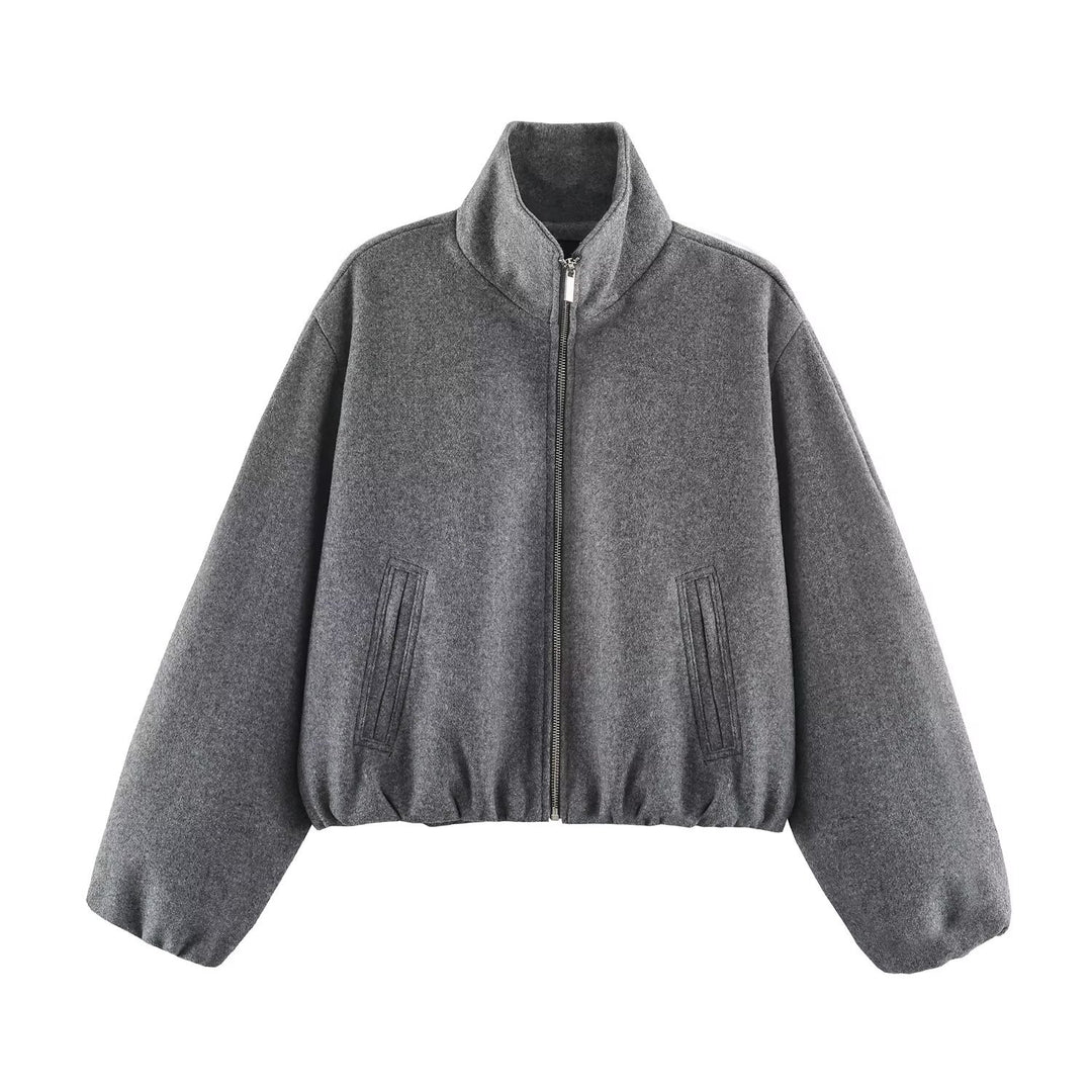 Women's Oversized Short Blouson with Stand-Up Collar, Zipper and Elastic Hem Drune