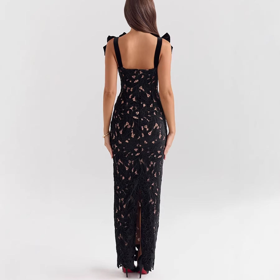 Women's form-fitting floor-length lace evening dress in column shape with decorative bow straps Mune Fashion