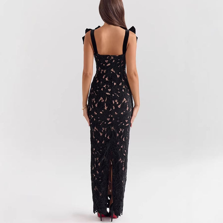Women's form-fitting floor-length lace evening dress in column shape with decorative bow straps Mune Fashion