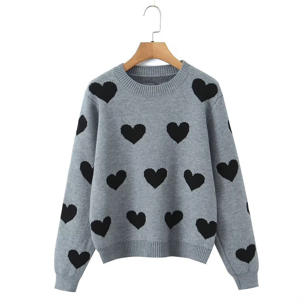 Women Patterned Oversized Knit Sweater with Heart Jacquard and Round Neckline Drune