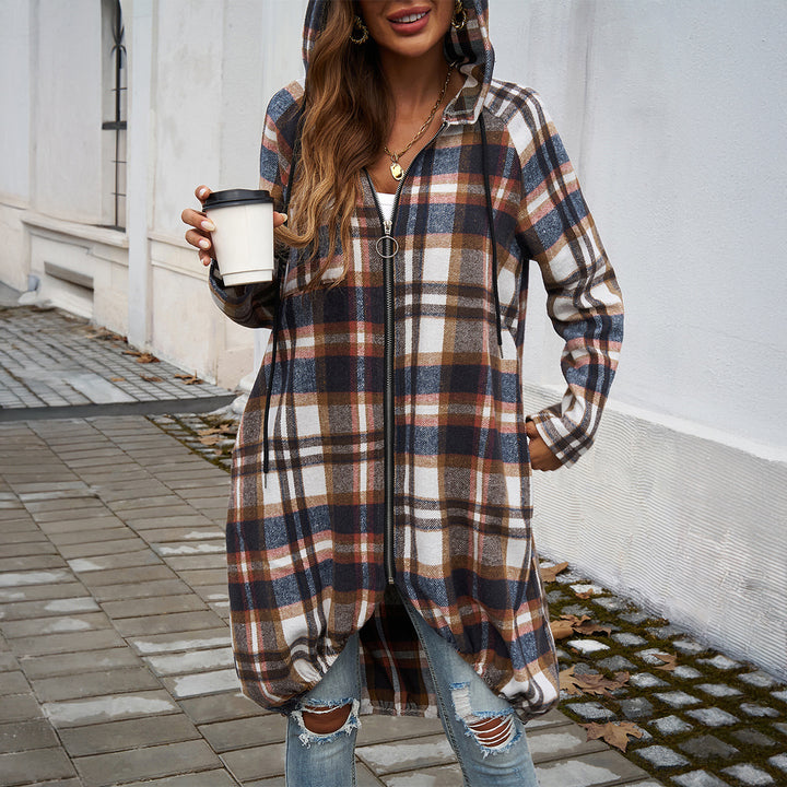 Women's longer hooded coat in check pattern with zipper and balloon-shaped hem Mune Fashion