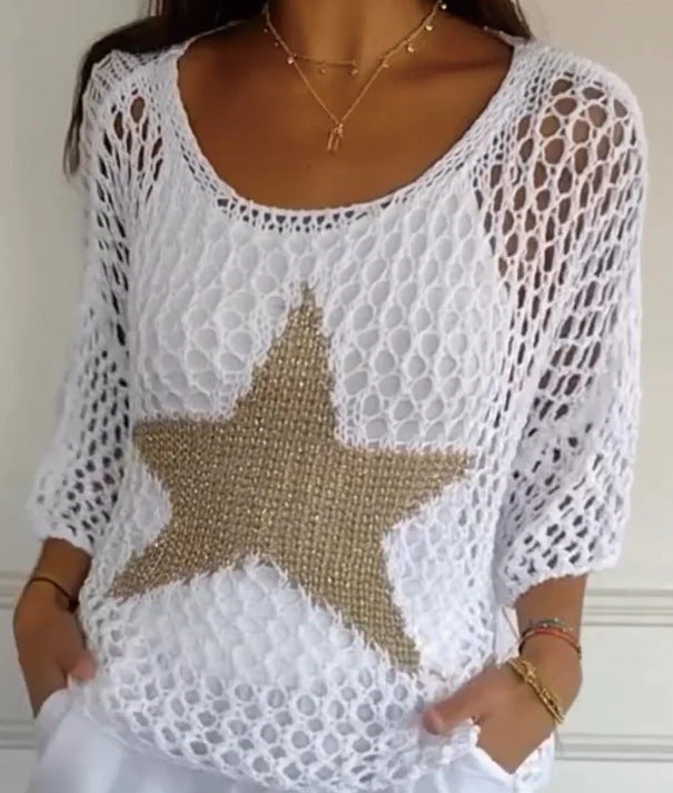 Women's oversized crocheted pullover with star appliqué and 3/4 sleeves Mune Fashion
