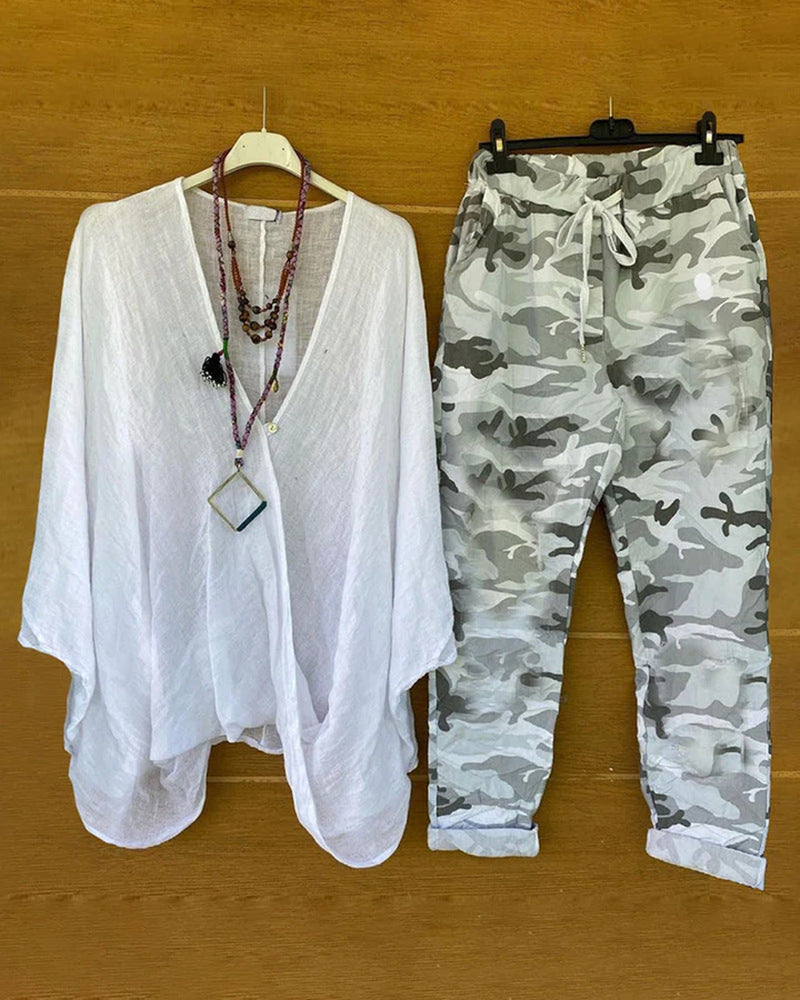 Women's two-piece outfit consisting of flowing kimono top and camouflage jogging pants Mune Fashion