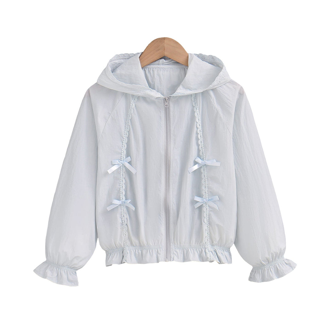 Women’s romantic hooded jacket with lace decor, decorative bows and gathered hem Mune Fashion