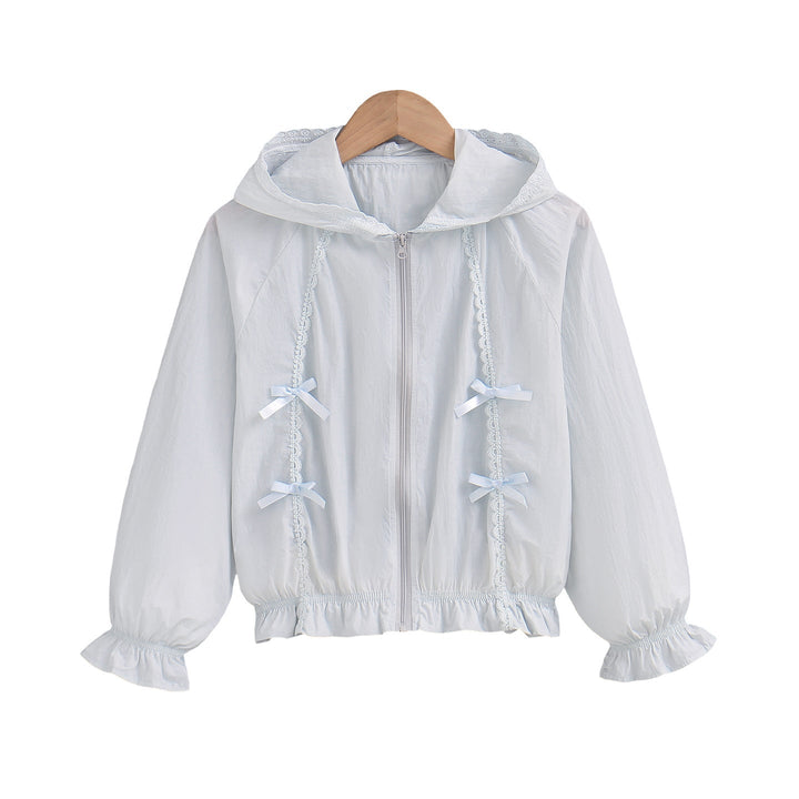 Women’s romantic hooded jacket with lace decor, decorative bows and gathered hem Mune Fashion