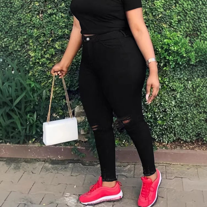 Women high-waisted body-shaping skinny jeans with knee rips and butt-lifting waistband Mune Fashion