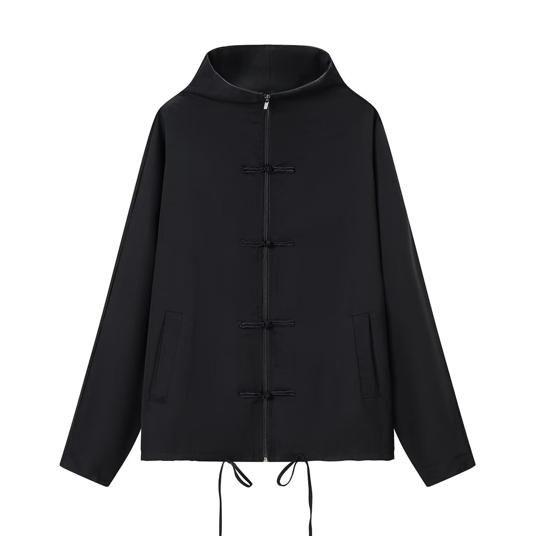Women's lightweight boxy jacket with stand-up collar, zipper front, drawstring and decorative knot closures Mune Fashion