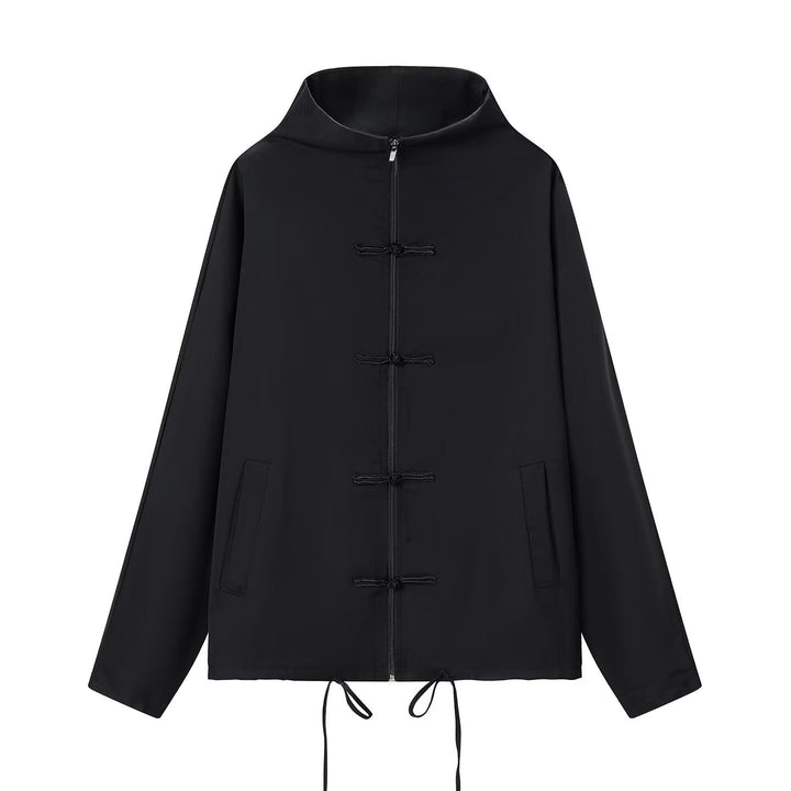 Women's lightweight boxy jacket with stand-up collar, zipper front, drawstring and decorative knot closures Mune Fashion