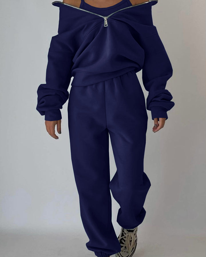 Women's Oversized Half-Zip Sweatshirt with Stand-Up Collar and Matching High-Waist Jogging Pants Mune Fashion