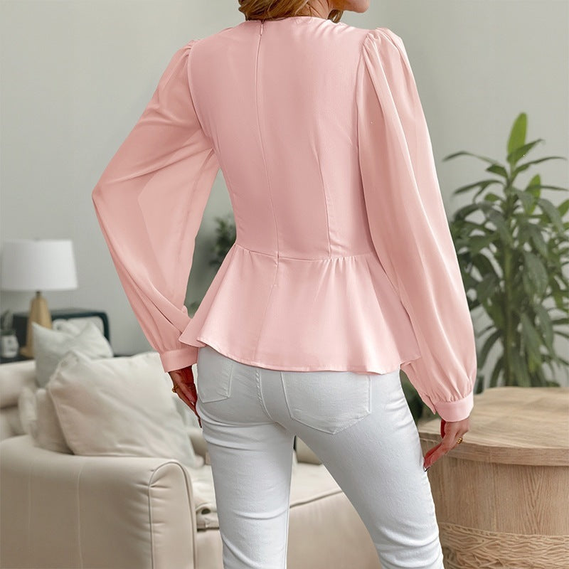 Women Elegant Top with Ruffle Details and Flower Appliqué Mune Fashion
