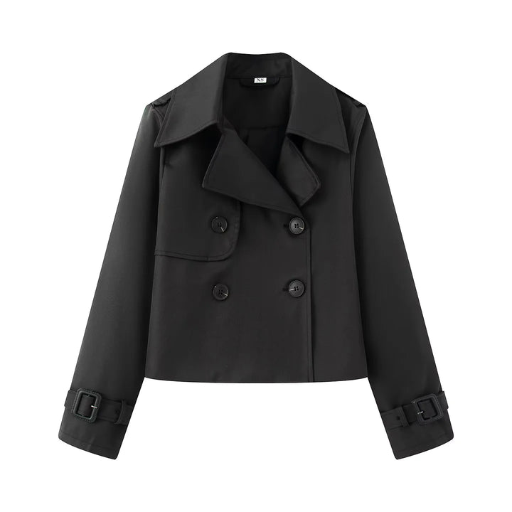 Women's short cropped trench coat with double-breasted button placket and adjustable sleeve straps Mune Fashion
