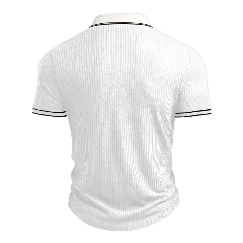 Men's fitted short-sleeve polo with Kent collar, short button placket, and fine vertical rib structure Mune Fashion