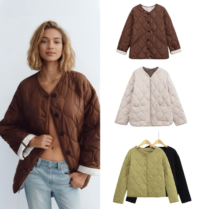Women's quilted jacket with round quilting, button placket and V-neck Mune Fashion
