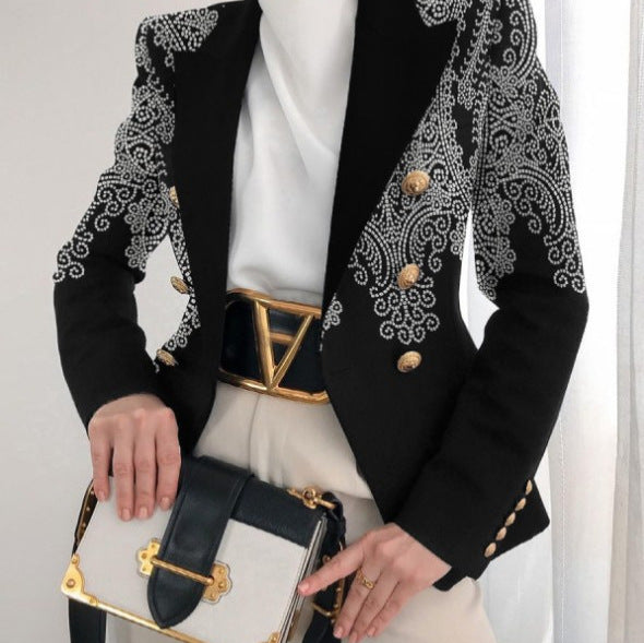 Women's Tailored Double-Breasted Blazer with Distinctive Shoulder, Gold Buttons and Glitter Ombre Mune Fashion