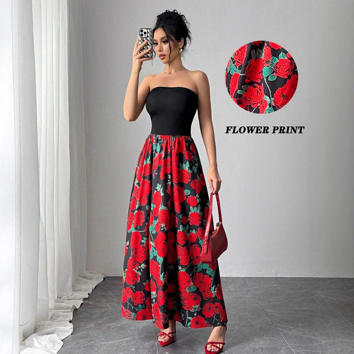 Ladies strapless maxi dress with fitted bandeau top and flared rose print skirt Mune Fashion