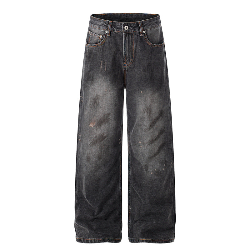 Women High-Cut Loose Distressed Denim Culotte Jeans with Paint-Splatter and Used Effect Mune Fashion