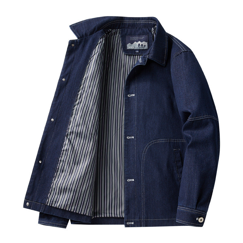Men's denim worker jacket with straight cut, contrast stitching & striped lining Mune Fashion