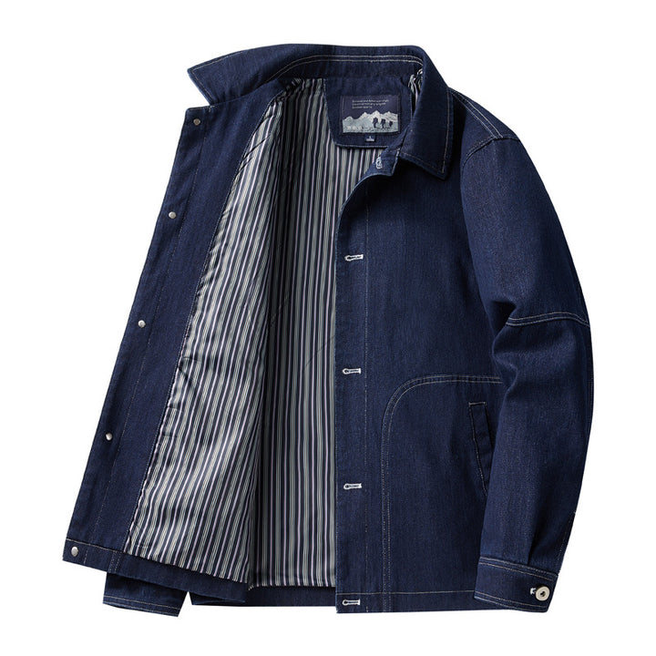 Men's denim worker jacket with straight cut, contrast stitching & striped lining Mune Fashion