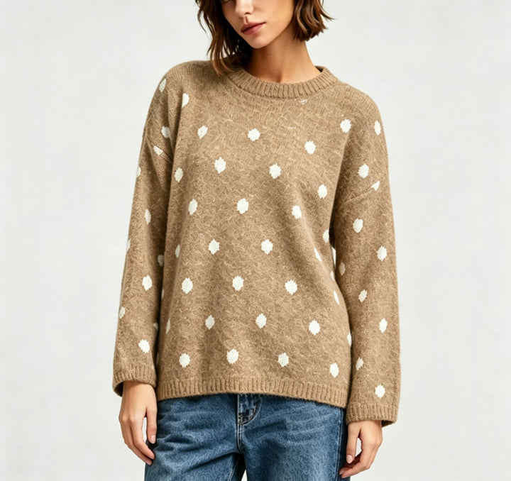 Women's Oversized Knit Sweater with Subtle Dot Pattern and Round Neckline Mune Fashion