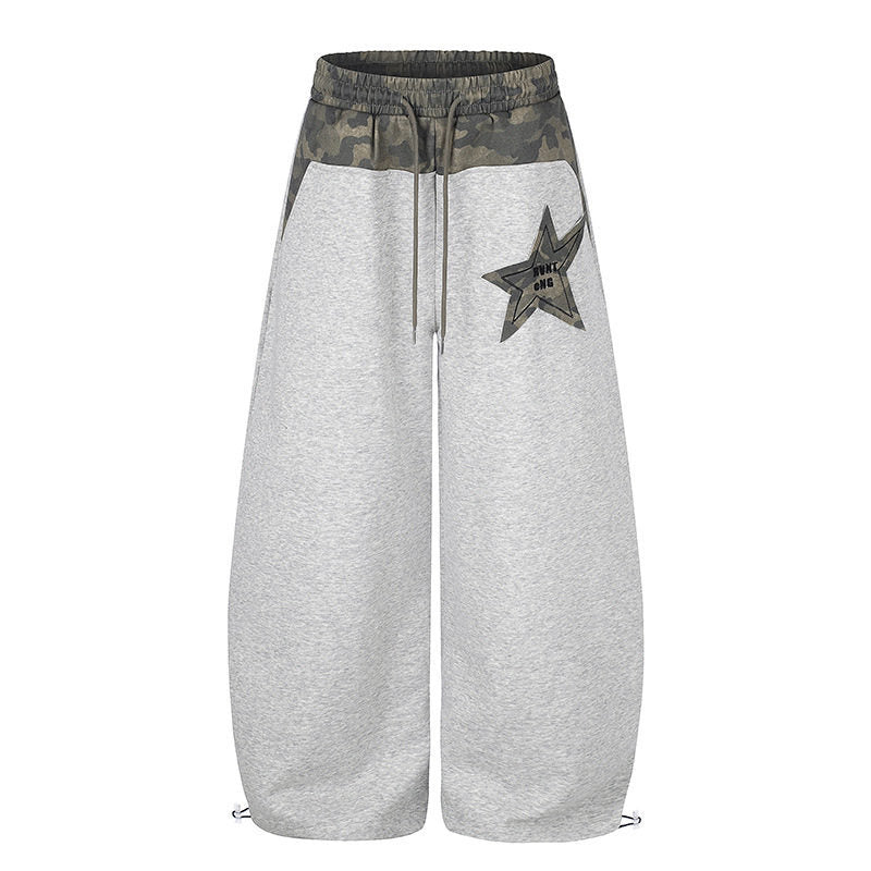 Women's Extra Wide Culotte Sweatpants with Camouflage Waistband and Star Patch Mune Fashion