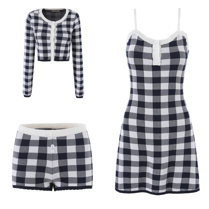 Women Short Checked Fine Knit Cardigan with Wave Edge and Pearly Buttons Mune Fashion