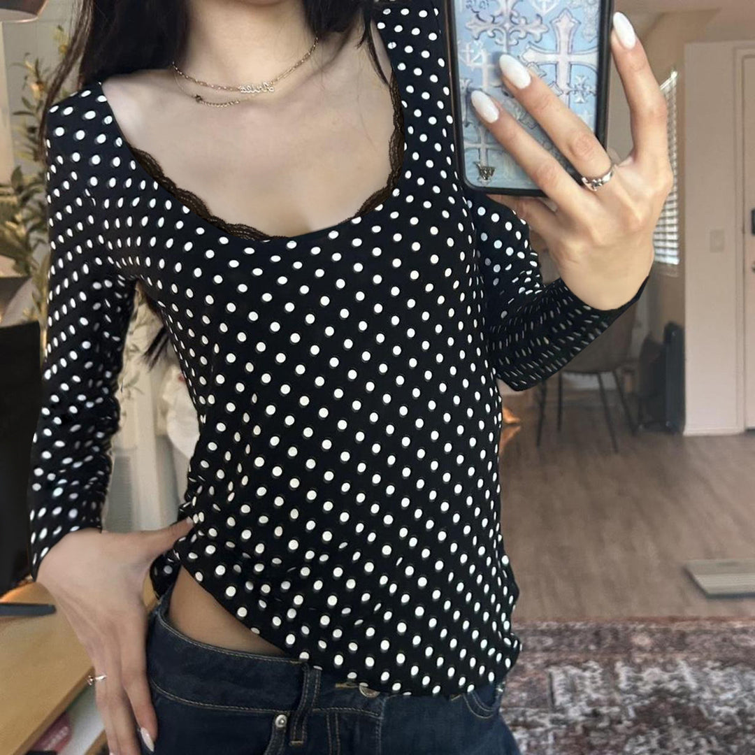 Women's figure-hugging polka dot long sleeve with lace trim and subtle gathering detail Mune Fashion