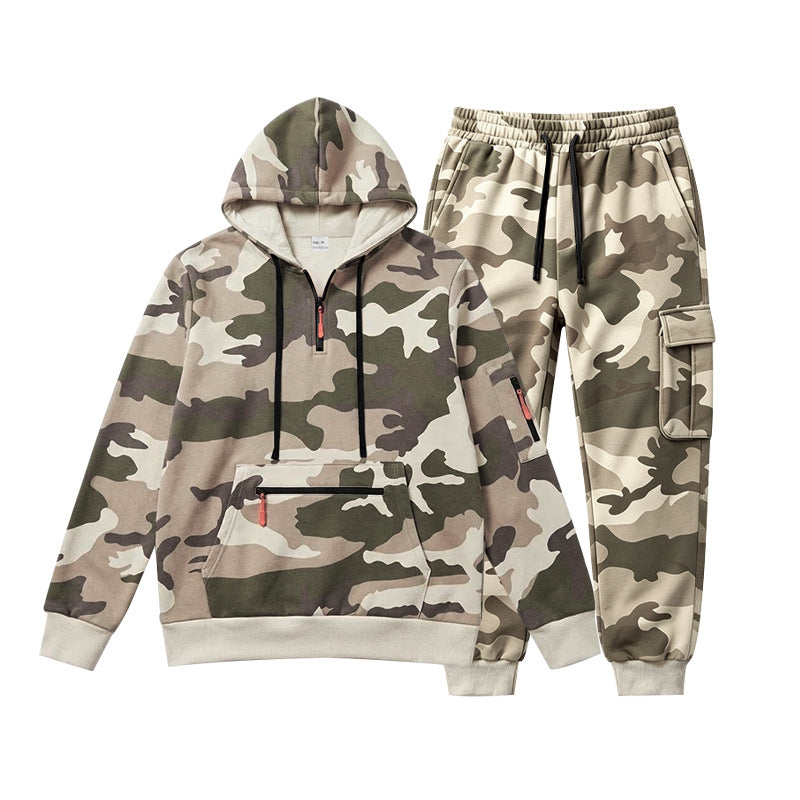 Men's Camouflage Hoodie Sweatshirt and Jogging Pants Set with Cargo Pockets and Zippers Mune Fashion