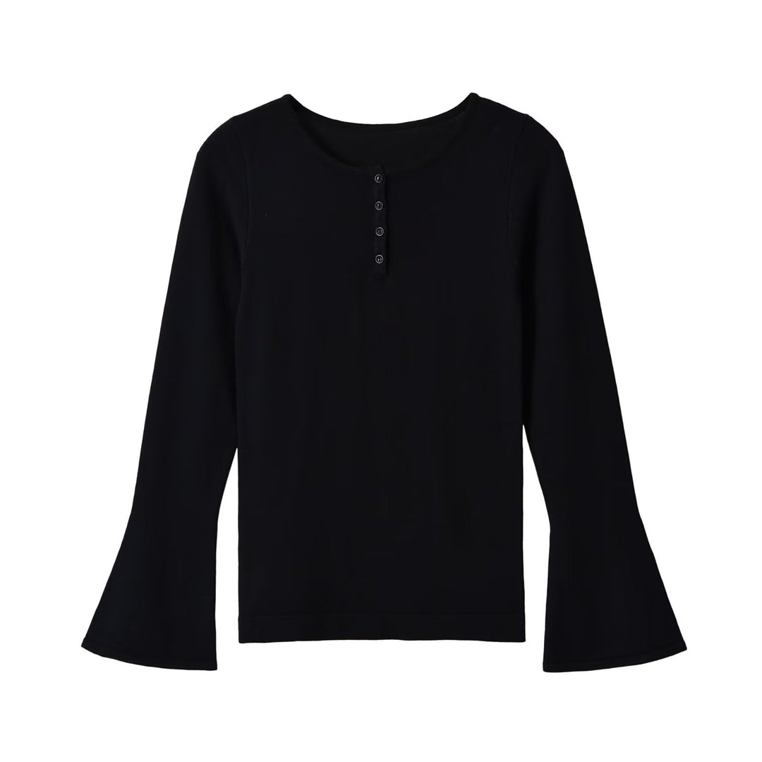 Women's fine knit long sleeve with Henley button placket and flared trumpet sleeves Mune Fashion