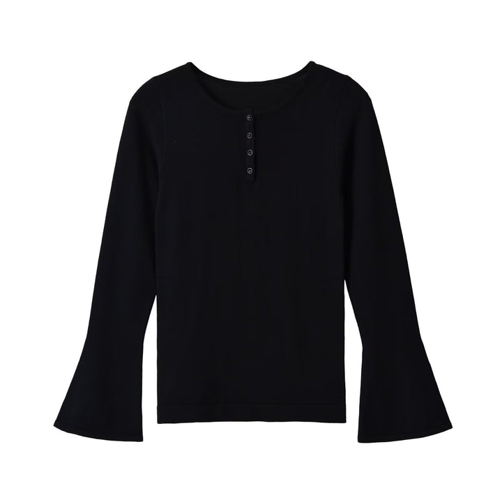 Women's fine knit long sleeve with Henley button placket and flared trumpet sleeves Mune Fashion