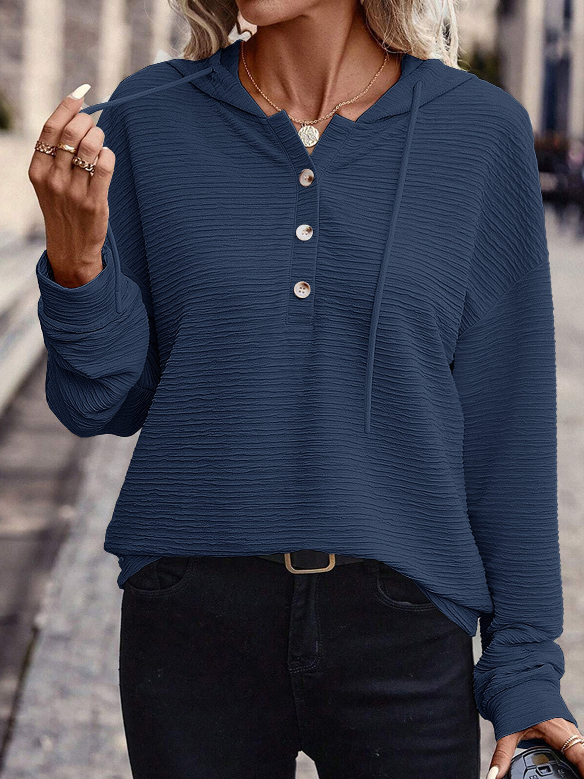 Ladies Textured Hooded Henley Sweater with Button Placket Mune Fashion
