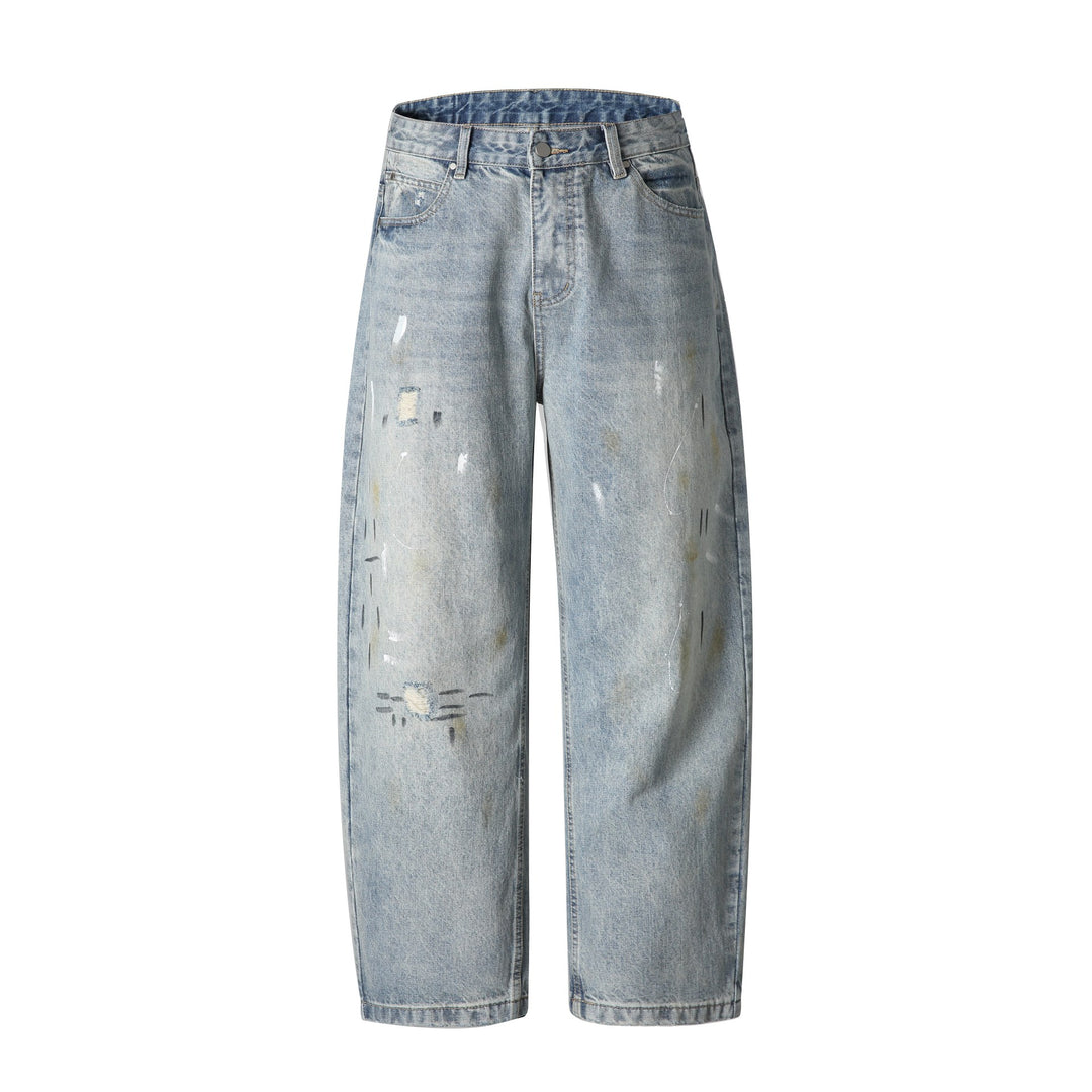 Unisex Casual Relaxed-Fit Jeans with High Waist and Paint-Distress Mune Fashion