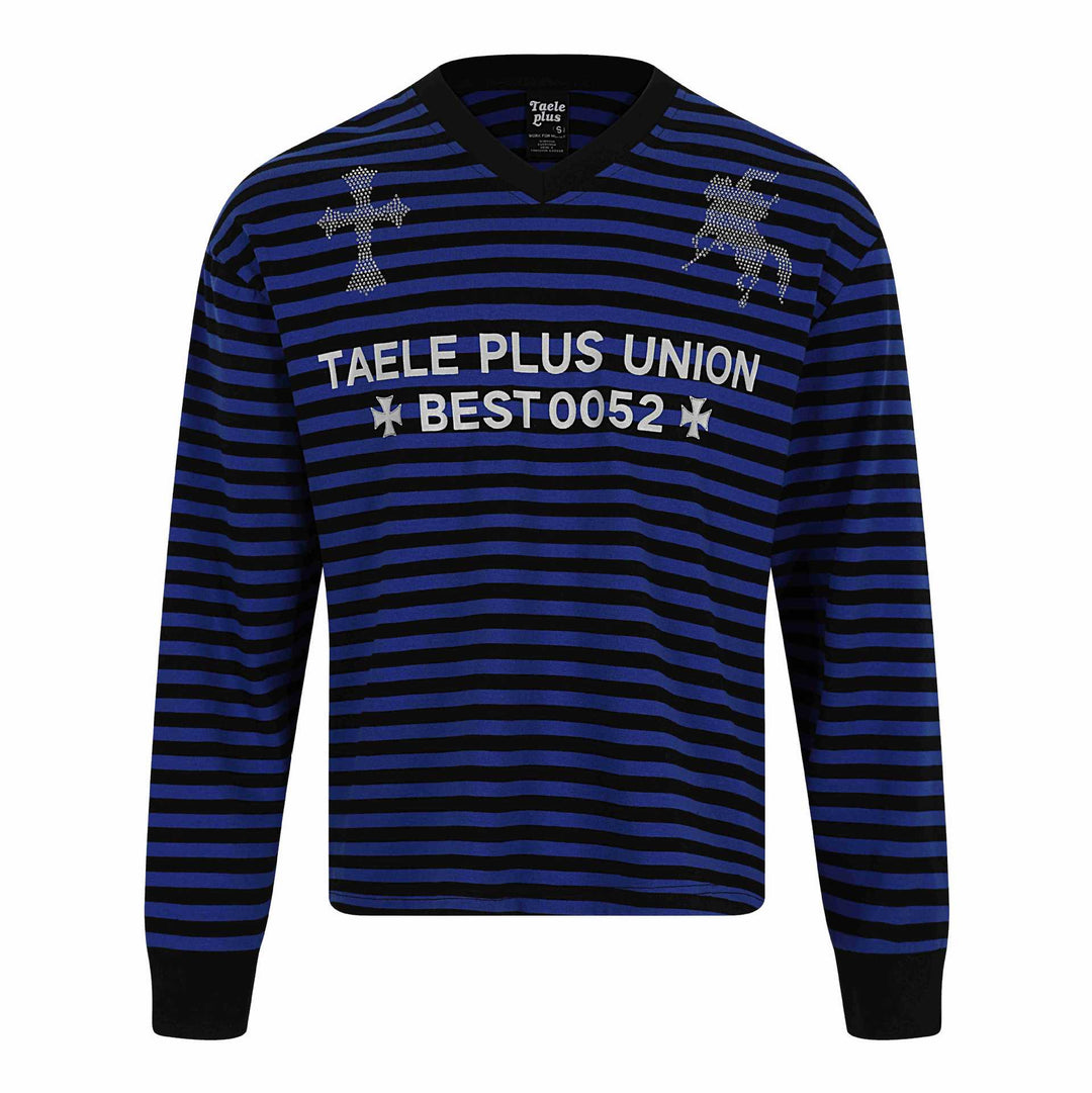 Unisex Striped Long Sleeve Sweater with V-Neck and Rhinestone Applications Mune Fashion
